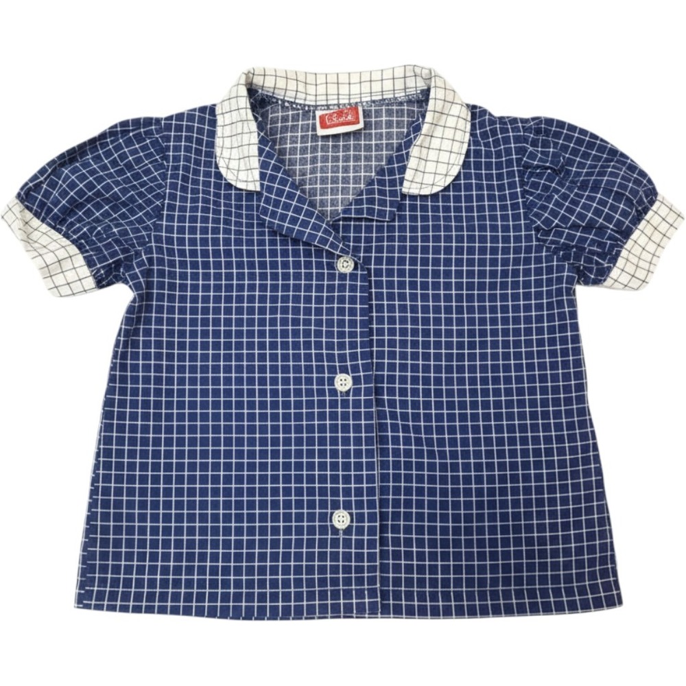 Vintage 70s Wrangler Kids Blue White Grid Check Button Up Shirt Puffed Sleeve 4T